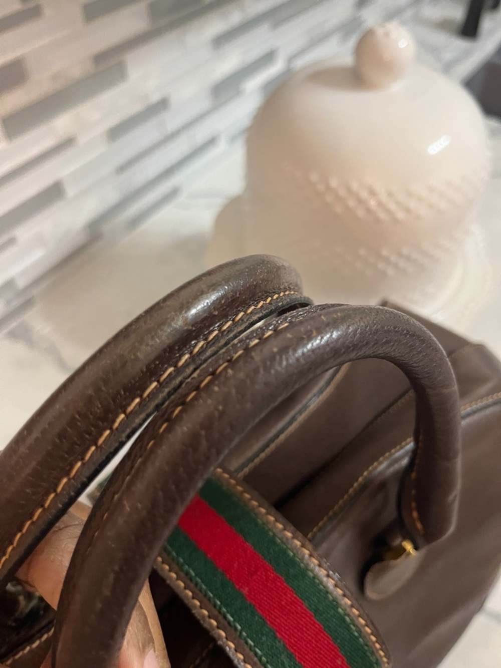 🦋Ultra Rare🦋 Gucci Brown Leather Duffel with Sherry Line Stripe - Picture 6 of 11